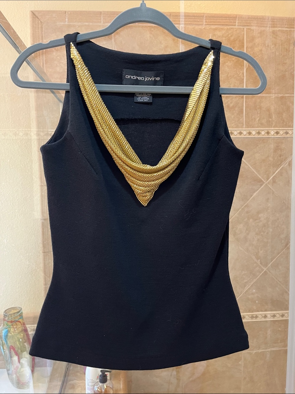 Andrea Jovine Black Tank Top with Draped Gold Chain